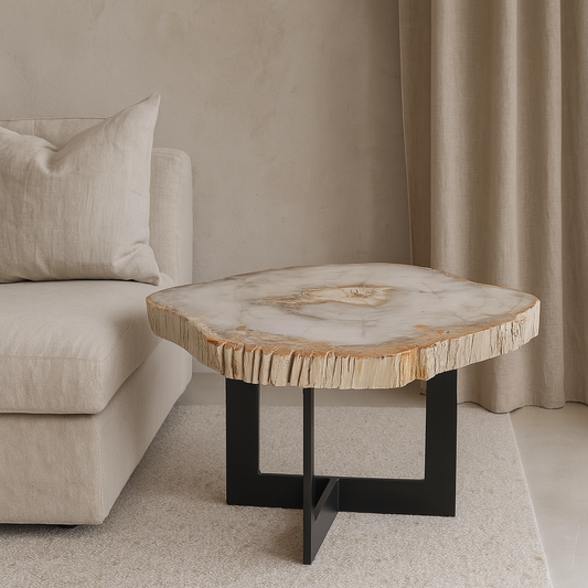 Sofabord i lyse toner med rå kant