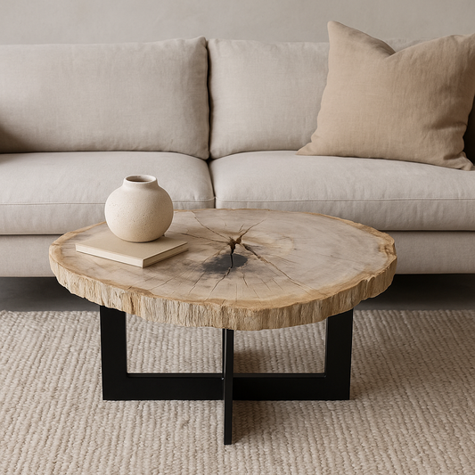 Sofabord i beige og sort med naturlige sprækker