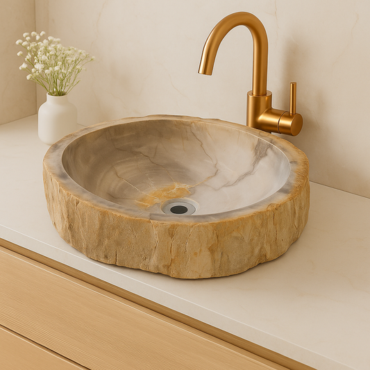 Håndvask i lyse beige nuancer med gyldne årer