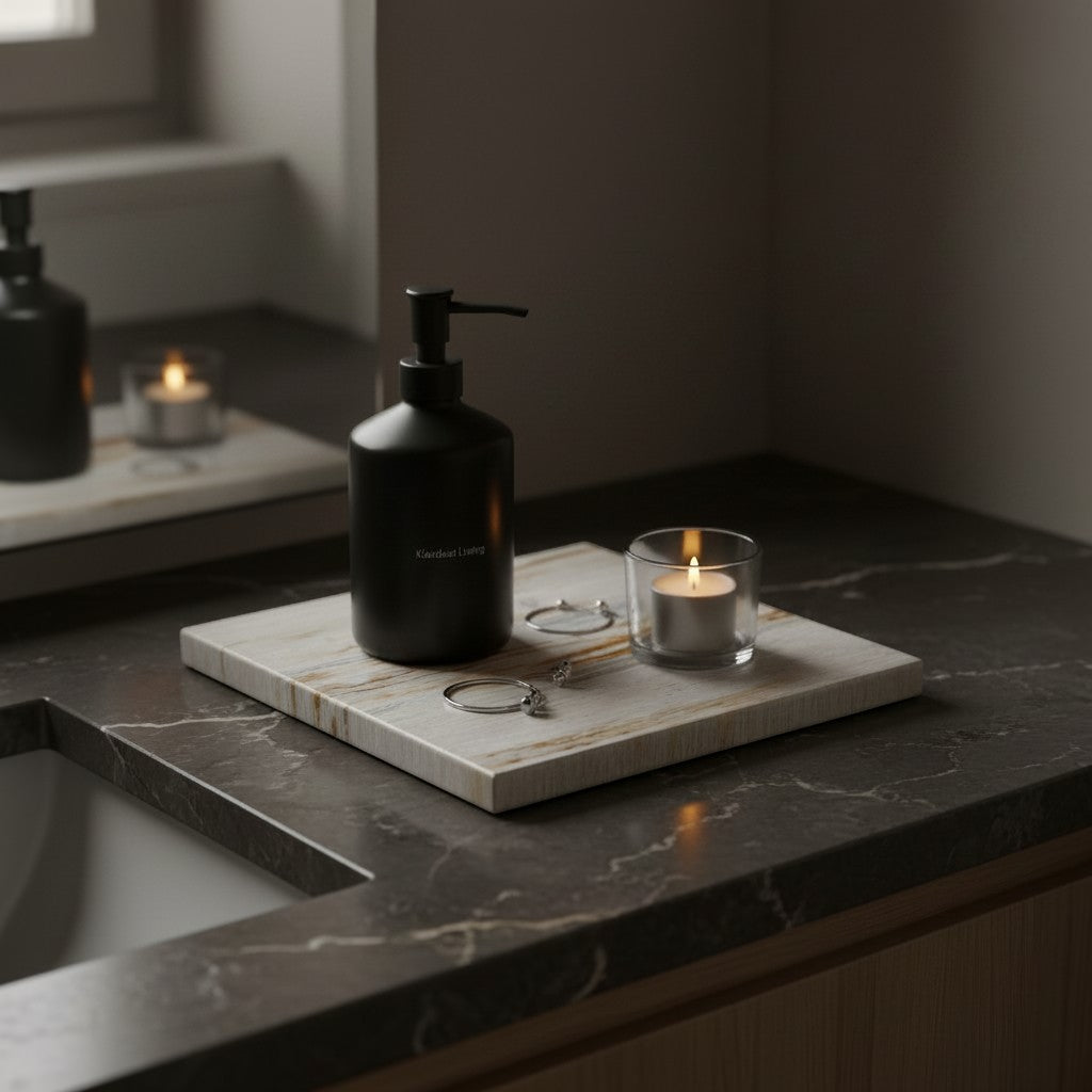 Klardust Living quadratische Schale aus versteinertem Holz, 20x20 cm, mit Marmor-Optik und natürlichen Maserungen, ideal für Dekorationen.
