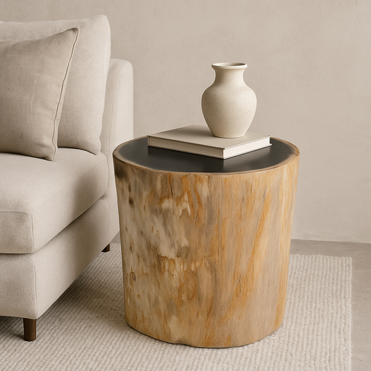 Sidebord med dyb sort top – naturlig kontrast