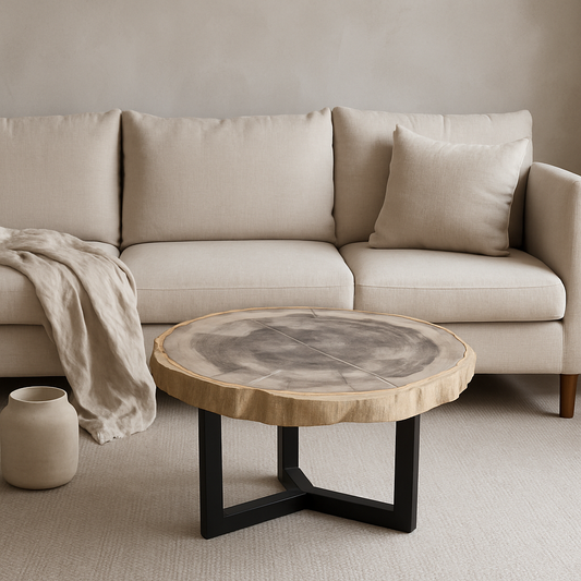 Sofabord med mørk midte og lyse årringe