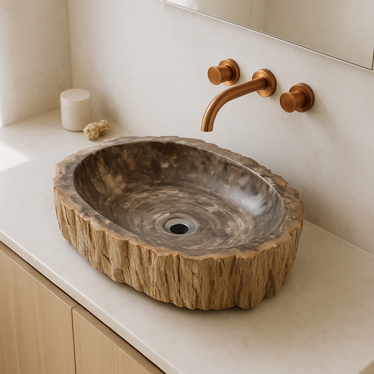 Håndvask med gråbrune årer og rå kant