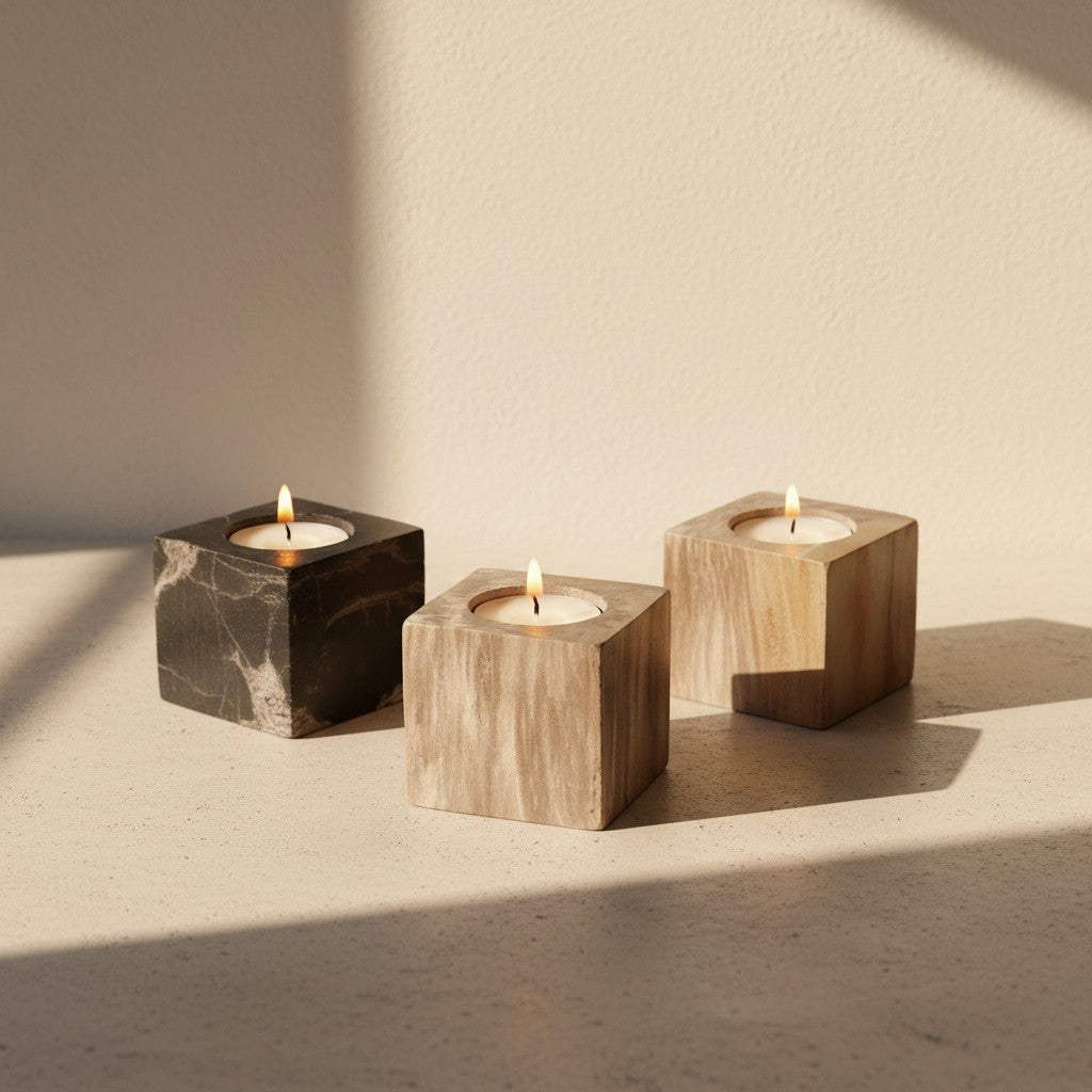 Fyrfadsstage i Forstenet Træ – 6 × 6 cm