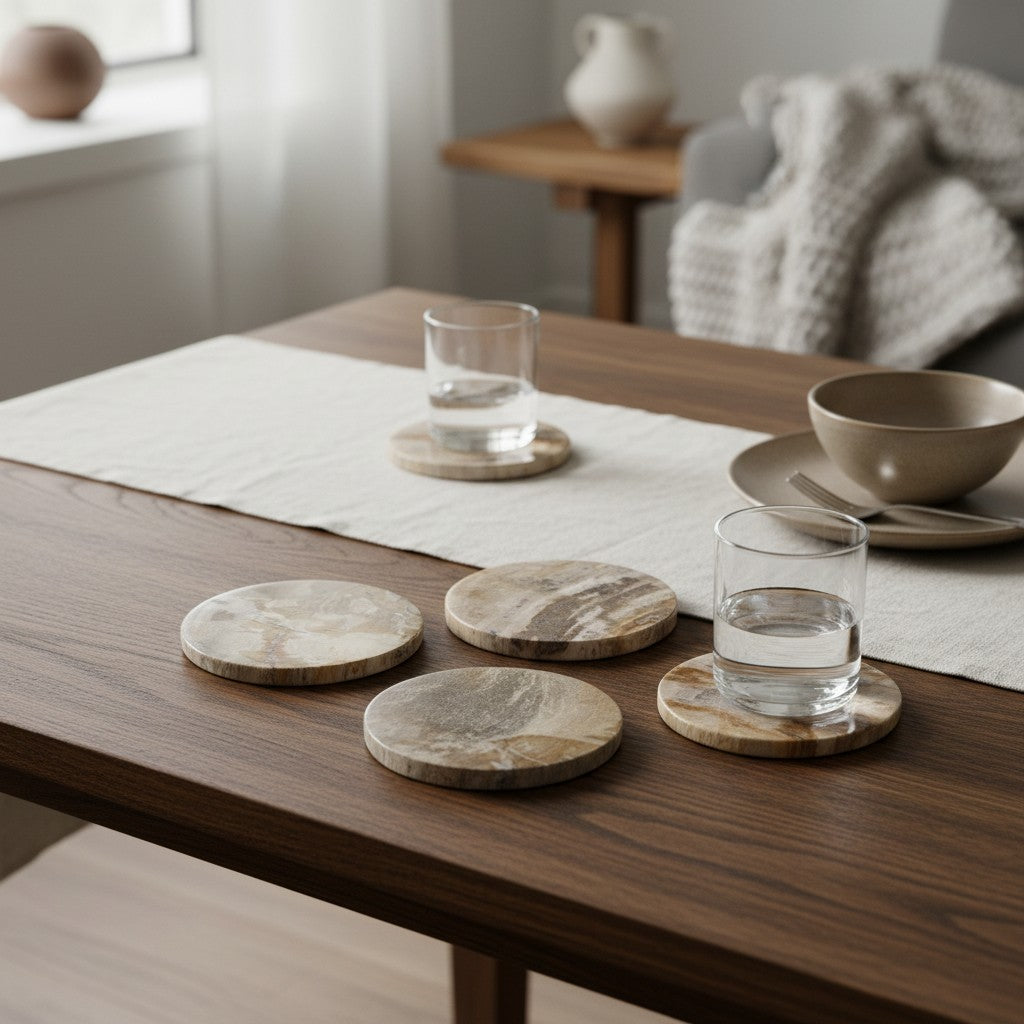 Klardust Living Bordskåner aus versteinertem Holz in Naturmix mit einzigartiger Maserung auf einem Holztisch.
