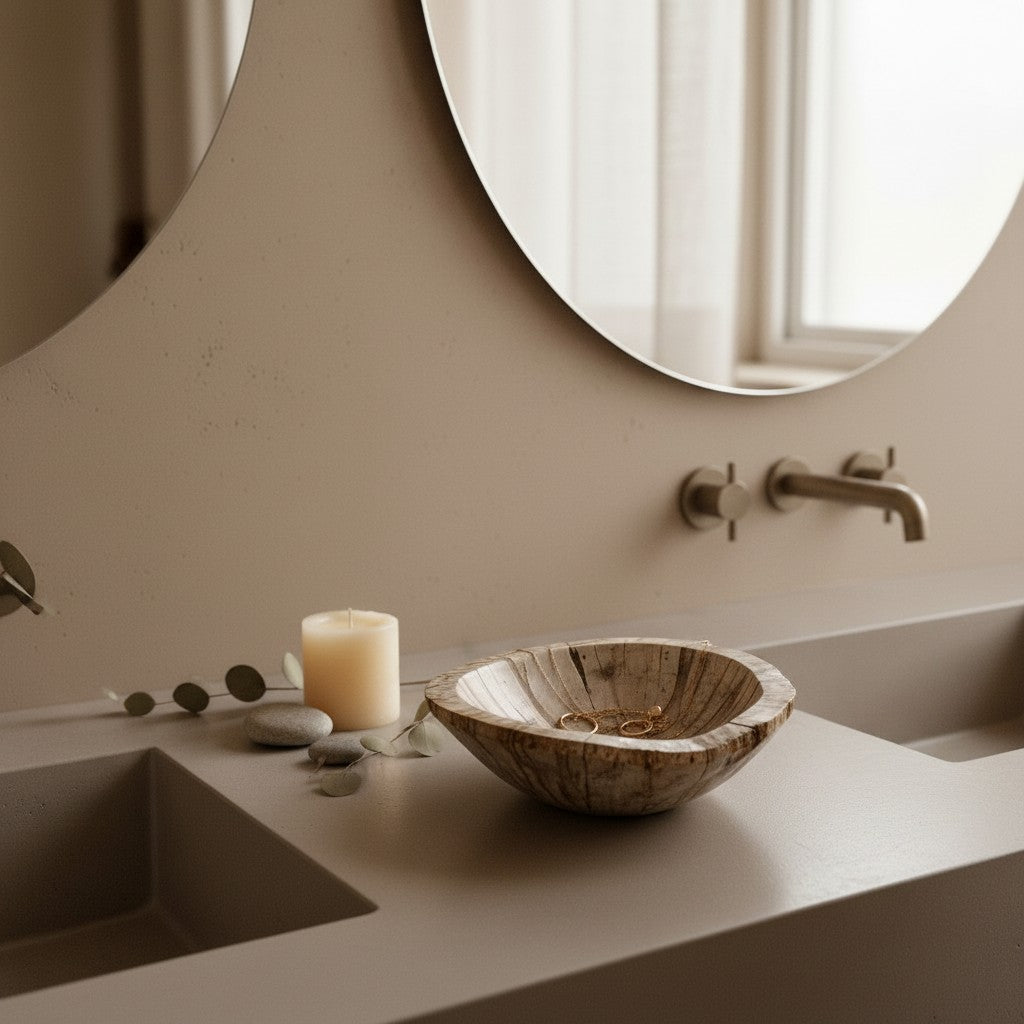 Klardust Living Schale aus versteinertem Holz in Beige und Braun, handpoliert, auf einem modernen Badezimmerwaschtisch.