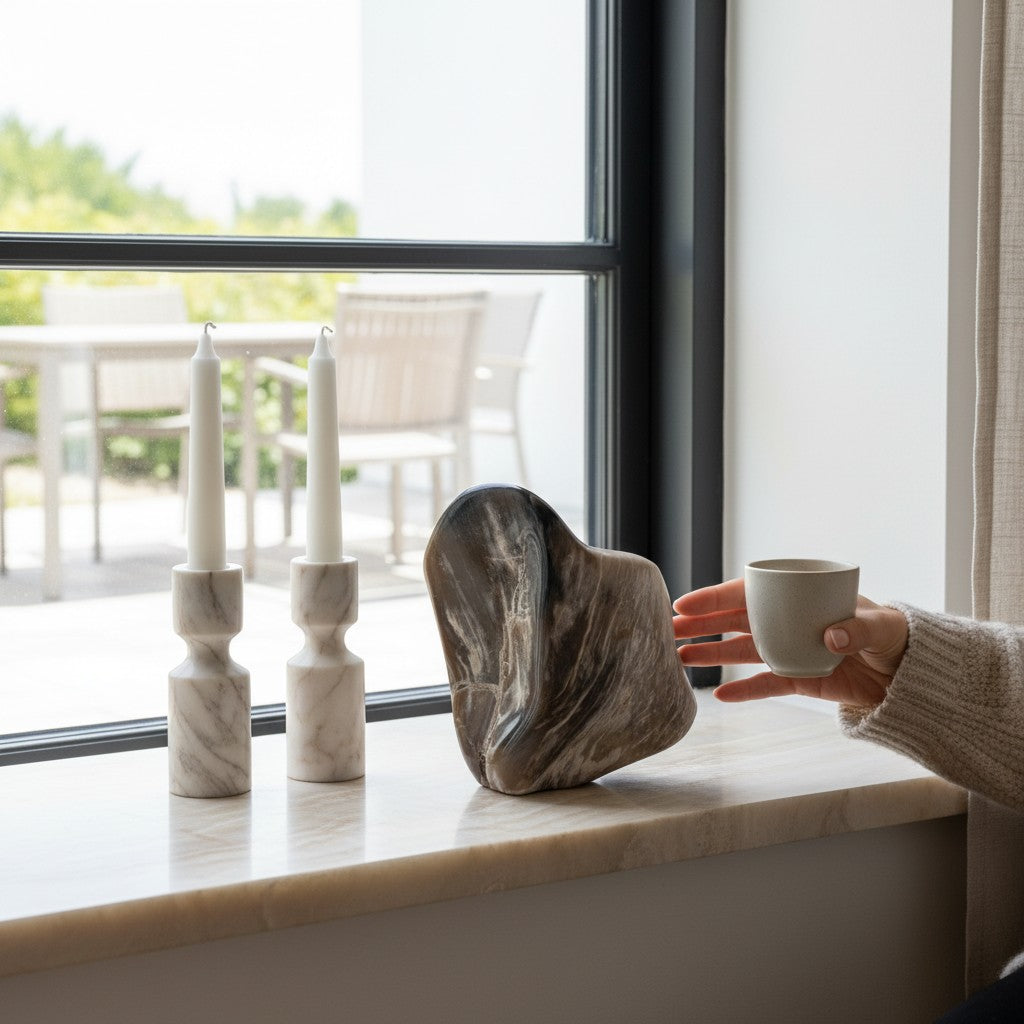 Klardust Living Skulptur aus handpoliertem, braunem forstenem Holz mit natürlicher Maserung auf einer Fensterbank.