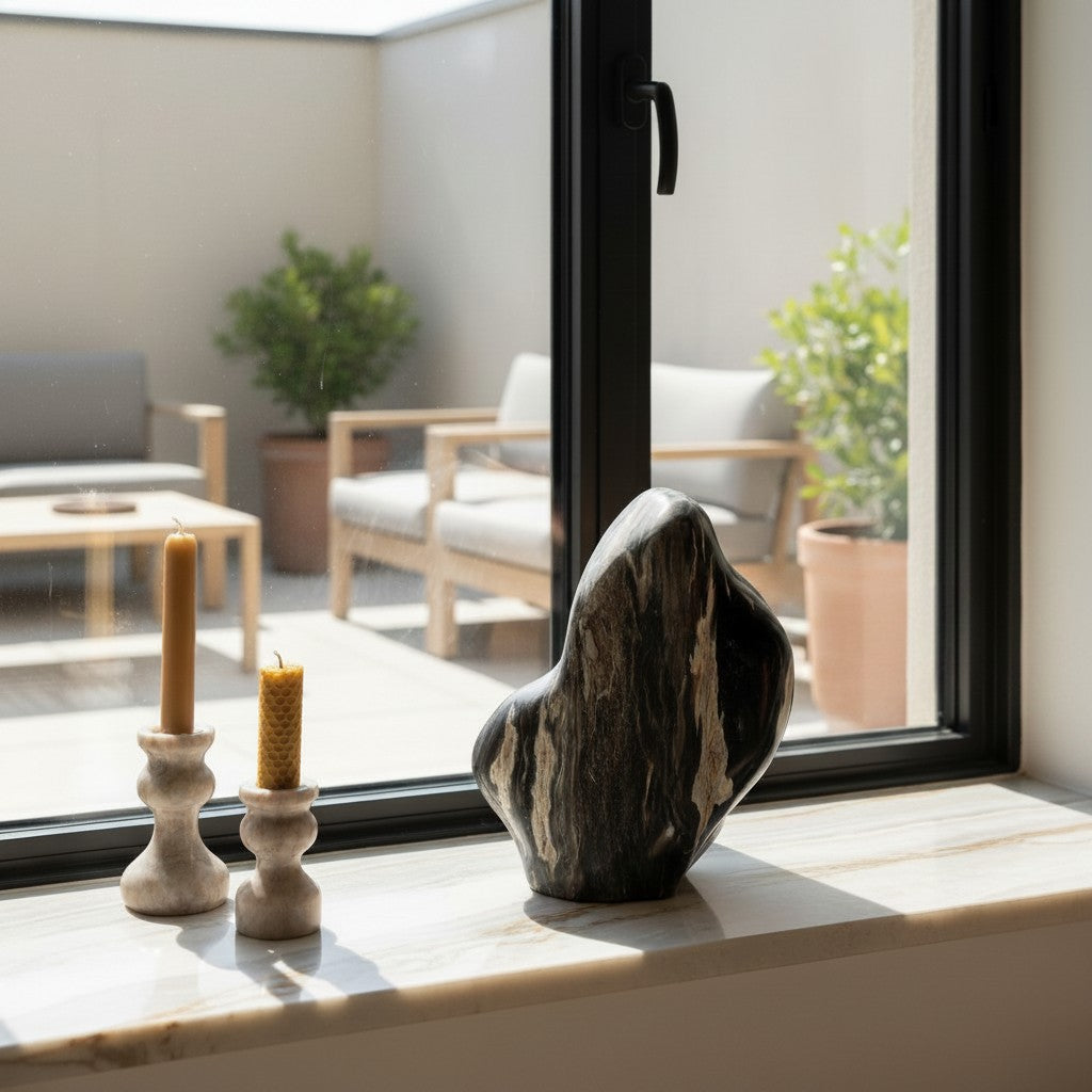 Klardust Living Skulptur aus poliertem, schwarz-weiß gemustertem versteinertem Holz auf einer Fensterbank.