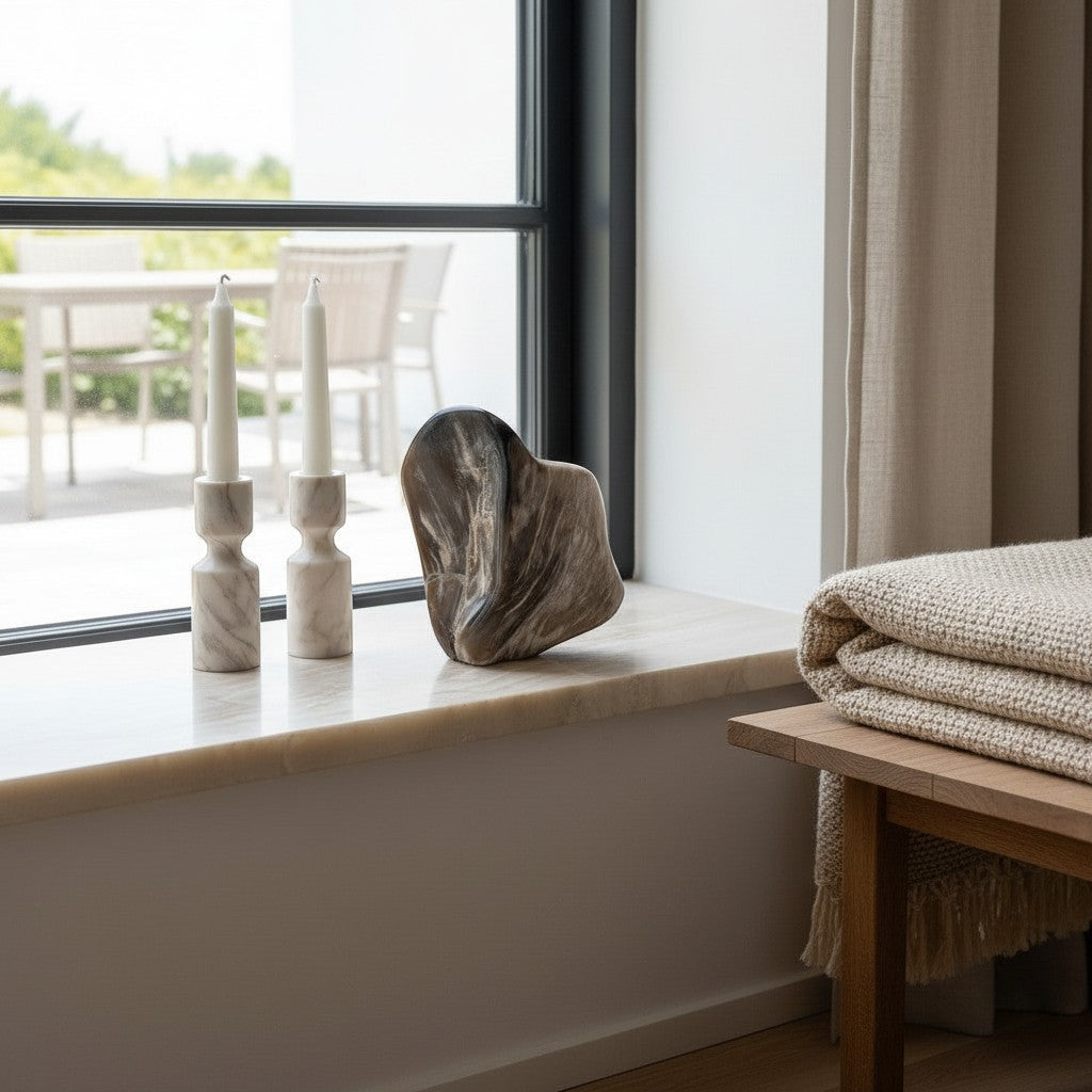 Klardust Living Skulptur aus poliertem, braun-grauem versteinertem Holz als dekoratives Objekt auf einer Fensterbank.